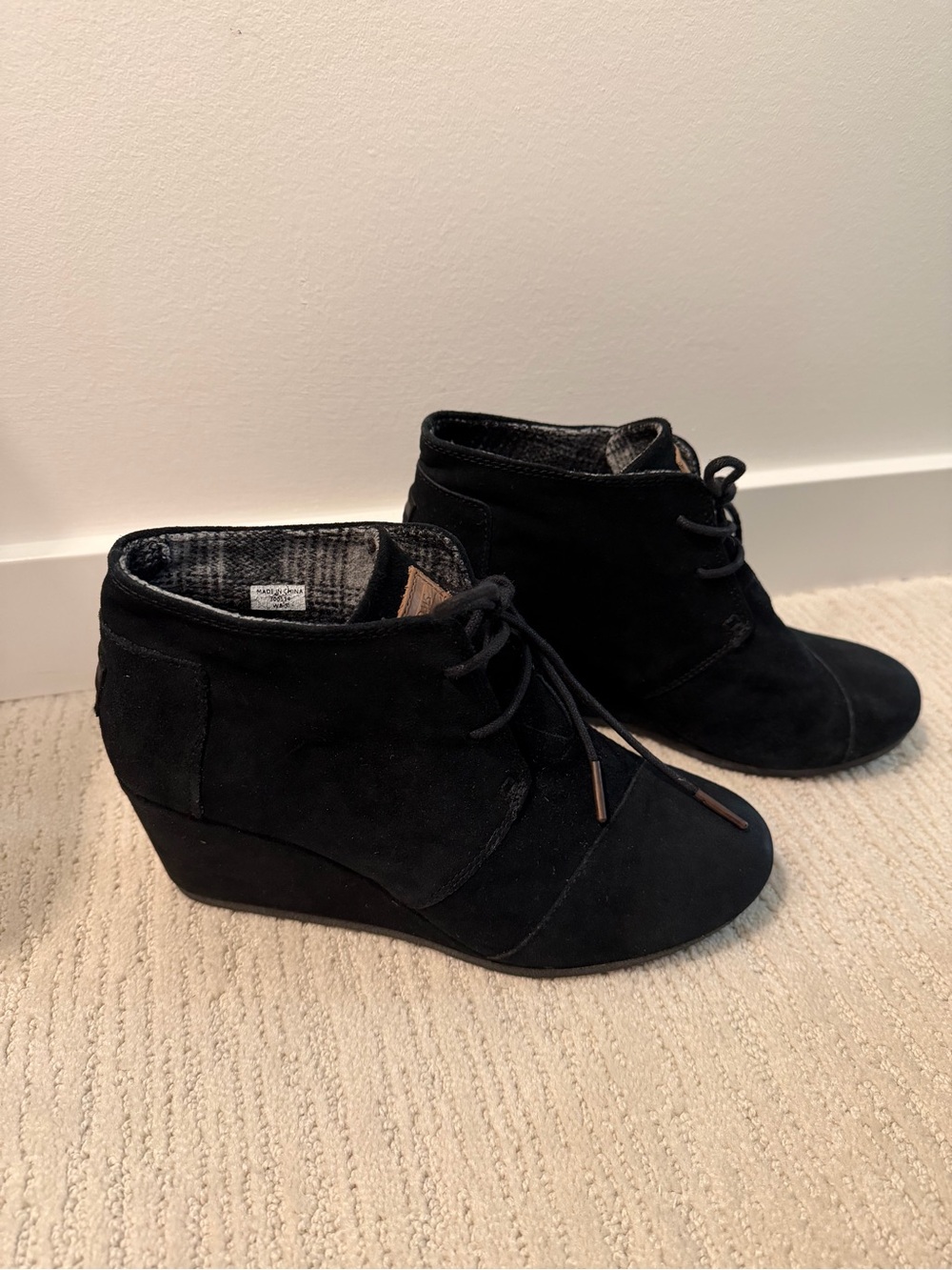 Toms Black Suede Lace-Up Wedge Ankle Booties